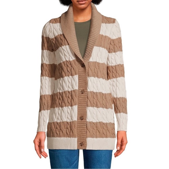 Lands End Shawl Neck Cable Sweater Cardigan Tunic Camel Beige Stripe (T1) - Picture 1 of 16